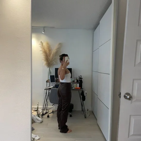 BROWN FAUX LEATHER STRAIGHT LEG PANTS GARAGE CLOTHING - Picture 3 of 3